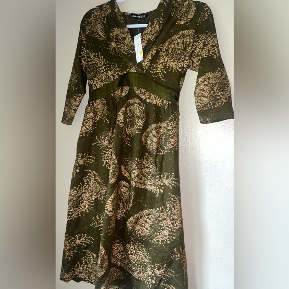 NWT Gorgeous Embroidered Gold and  Army Green Paisley Mini Dress by chaudry KC